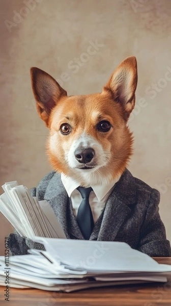 Obraz A dog in a stylish gray office suit, sitting at a desk with papers, in front of a soft beige background with wide empty space.