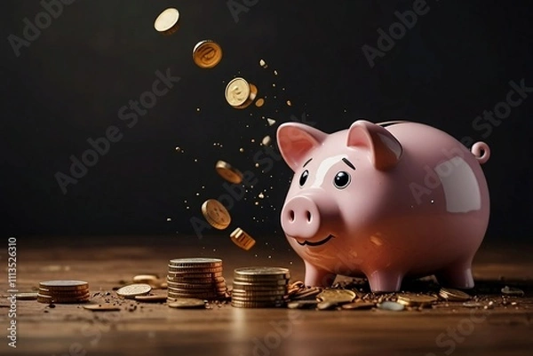 Fototapeta A piggy bank surrounded by stacks of coins, symbolizing the importance of saving money and building wealth over time through small, consistent contributions.