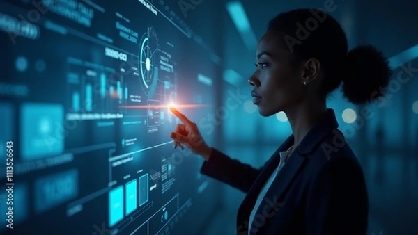 Fototapeta A Businesswoman Interacts With a Digital Interface in a Modern Office During a Late Evening