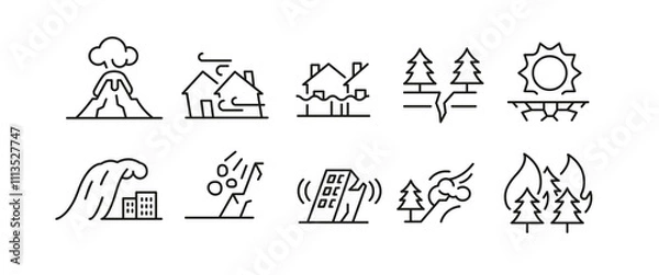 Fototapeta Disasters icons. Set of 10 disasters trendy minimal icons. Example: volcano, virus, flood, Tornado, fire icon. Design signs for web page, mobile app, packaging design. Vector illustration.