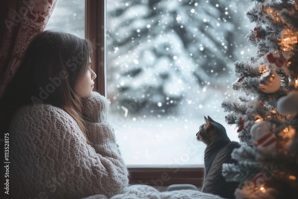 Obraz A girl sits by the window with her cat, gazing outside at the snowy winter landscape adorned with Christmas decorations, creating a cozy and festive atmosphere.