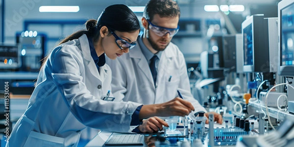 Fototapeta Two professionals in lab coats collaborating on electronic devices in a modern laboratory setting