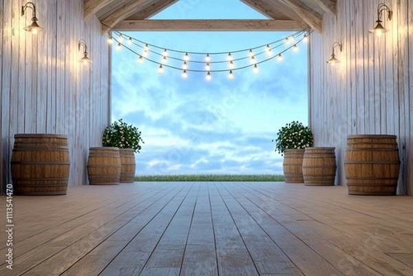 Fototapeta Outdoor event space with ambient lighting and decorative barrels scenic view cozy atmosphere for gatherings