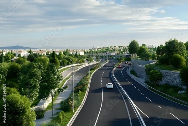 Fototapeta Scenic highway surrounded by greenery and urban landscape.
