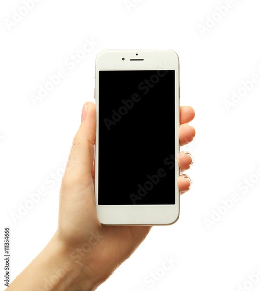 Obraz Female hand holding a smartphone on white background