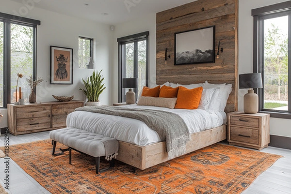 Fototapeta Modern Rustic Master Bedroom Design With Orange Accents