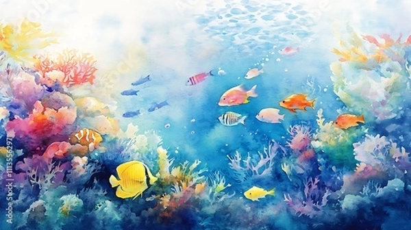 Obraz Vibrant watercolor painting of a coral reef teeming with colorful fish and diverse marine life.