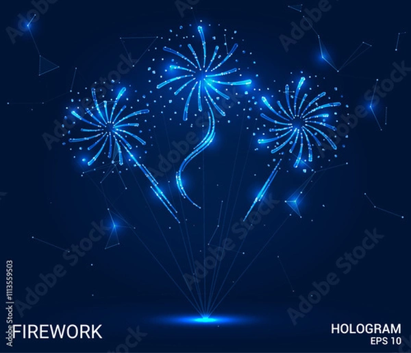 Fototapeta Hologram firework. Firework made of polygons, triangles, dots, and lines. Low-poly firework structure of connections. Technology concept vector.