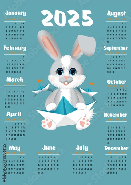 Obraz Calendar for 2025 year. Cute little hare(rabbit) in cartoon style. Week starts on Sunday. Vector illustration in vertical format A4, A5.