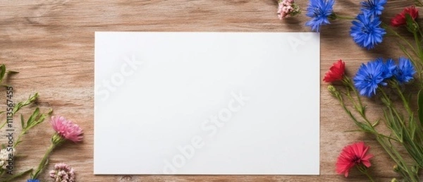 Fototapeta Blank paper surrounded by colorful flowers on a wooden surface during the day