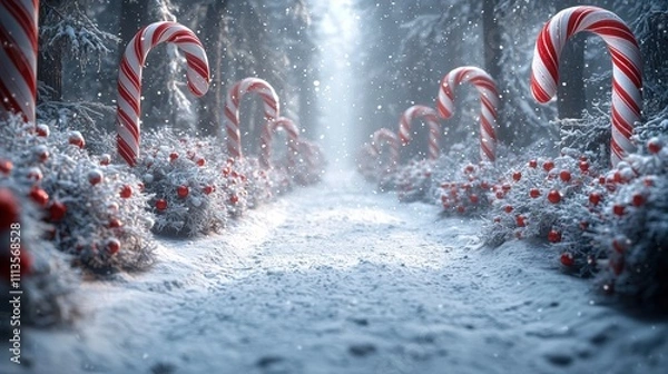 Fototapeta Enchanting Candy Cane Forest Path in Snowy Winter Wonderland