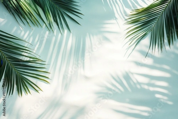 Fototapeta Soft shadows of palm leaves cast on smooth white sand with a pastel turquoise background