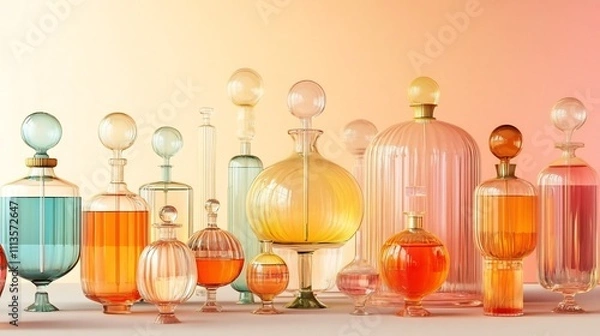 Fototapeta Assortment of Vintage and Decorative Glass Bottles and Vases Arranged on Tabletop