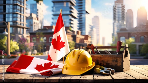 Obraz Happy Labor Day, Labor Hat with Canadian Flag Against Buildings, Generative Ai 