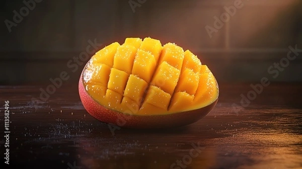Fototapeta A ripe mango sliced open with juicy flesh, sitting on a dark wooden table, Generative AI