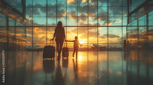 Fototapeta A silhouetted mother and son holding hands and walking together at sunset inside an airport terminal for travel in holiday. Generative AI.