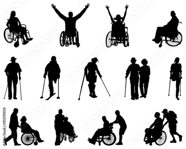 Obraz Silhouettes of old and disabled people on a white background	