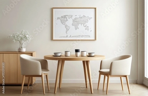 Fototapeta Modern dining area with a minimalist design featuring a round wooden table and map art