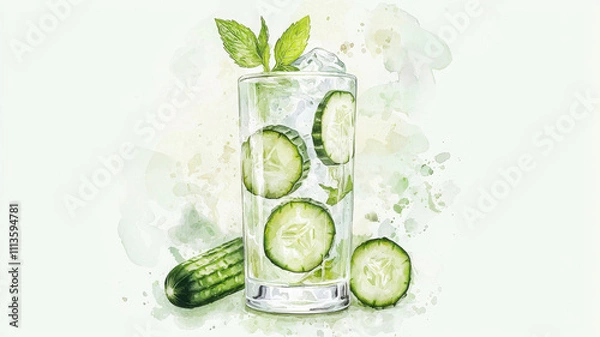 Fototapeta Refreshing cucumber drink with mint and ice, perfect for summer!