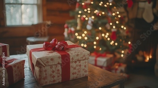 Fototapeta Cozy Christmas Scene with Decorated Tree, Wrapped Gifts, and Warm Cabin Lighting. Festive Atmosphere with Intricate Details of Gift Boxes and Twinkling Lights.