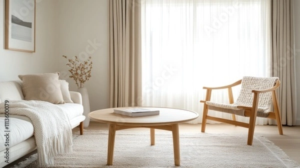 Obraz Minimalist Living Room Design Featuring Neutral Tones and Natural Wood