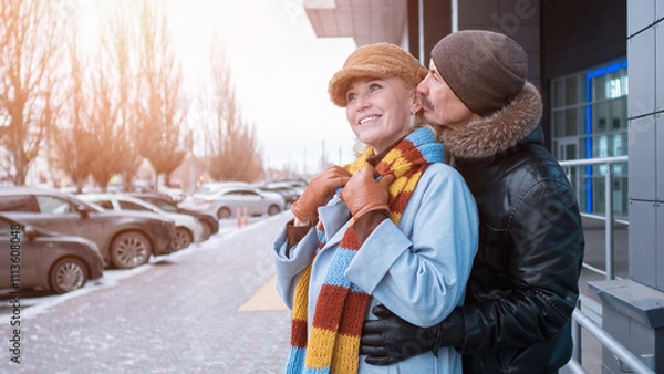 Obraz Happy senior couple embracing outdoors in winter city