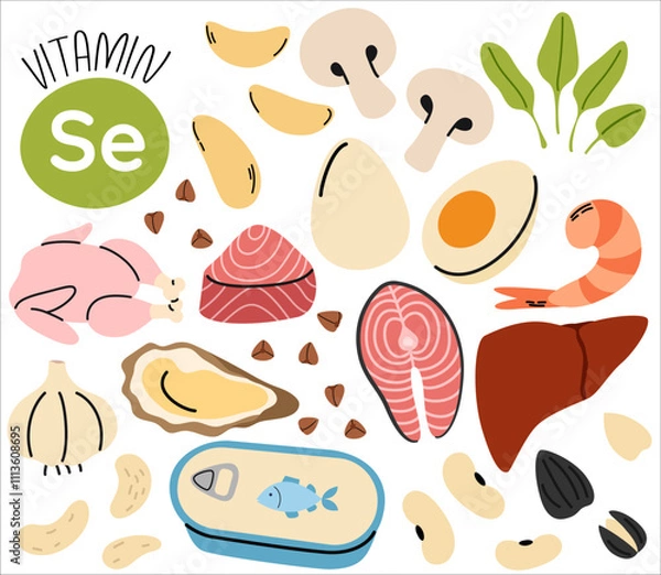 Fototapeta High viyamin selen food sources. Set of products containing a great amount of calcium. Food rich of selen