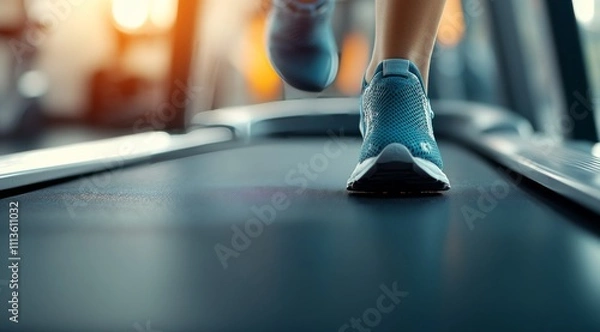 Fototapeta View of an empty treadmill in a modern gym with neon lighting at night