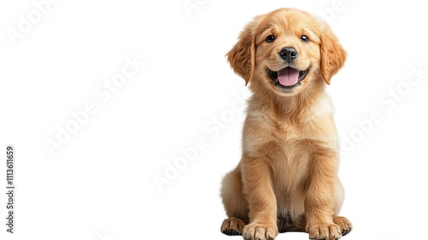 Fototapeta A playful golden retriever puppy with fluffy fur radiates happiness while sitting with its mouth open in a big smile. The bright surroundings enhance its cheerful vibe