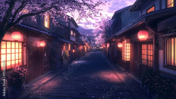 Fototapeta Peaceful Japanese Street With Traditional Lanterns And Cherry Blossom Trees Illuminating The Evening Scene. Generative AI