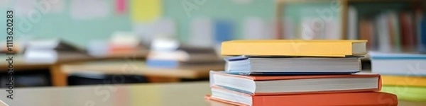 Fototapeta Stacked colorful books in classroom, education concept, space for text