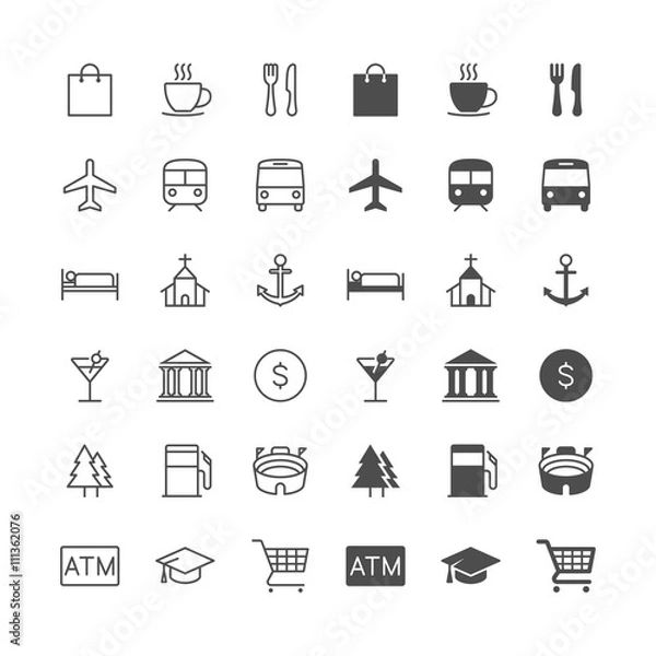 Fototapeta Ikony mapy i lokalizacji, w tym stan normalny i włączony.