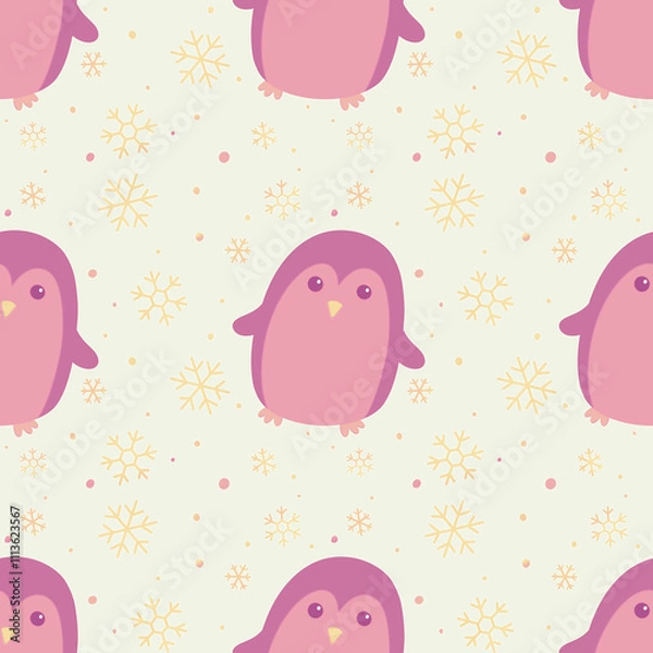 Fototapeta Cute penguin and snowflake seamless pattern