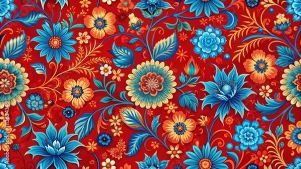 Obraz Bright seamless background with rich red and bright blue floral patterns, floral, seamless, background, red, blue, bright