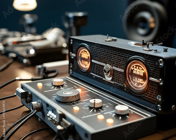 Fototapeta Concept of voice and sound articulation illustration. A vintage audio setup featuring a retro radio and sound mixer, showcasing warm lighting and intricate dials, perfect for music enthusiasts.