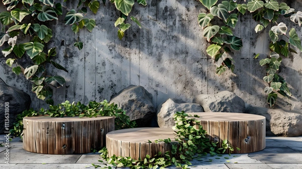 Fototapeta Wooden Display Stands With Greenery Against A Concrete Wall