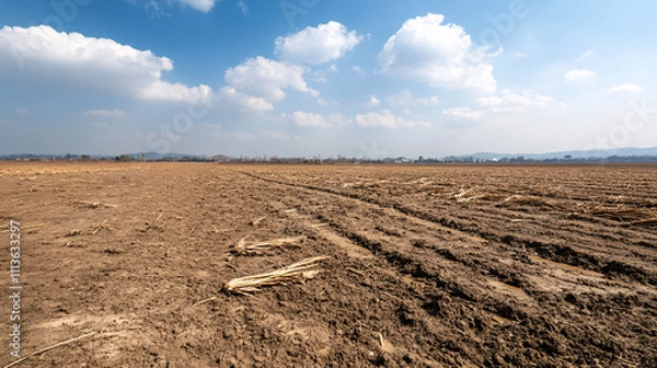 Fototapeta A panoramic view of a farmland devastated by a recent flood, with broken irrigation lines and uprooted crops scattered across the field. The horizon features a village under threat of encroaching