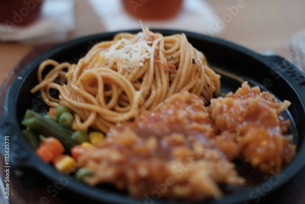 Obraz A delicious combination of crispy chicken and flavorful noodles served on a sizzling plate with vegetables