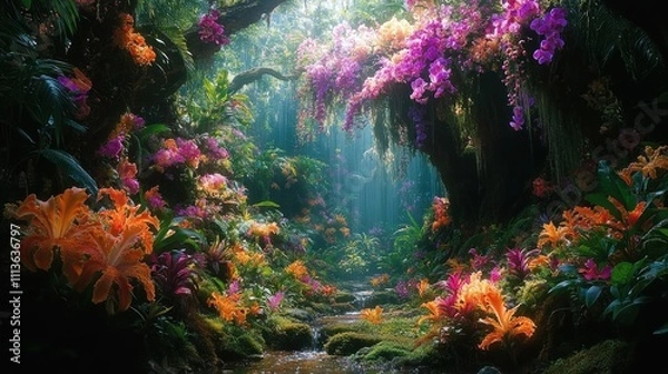 Fototapeta Lush rainforest path with vibrant orchids and stream.