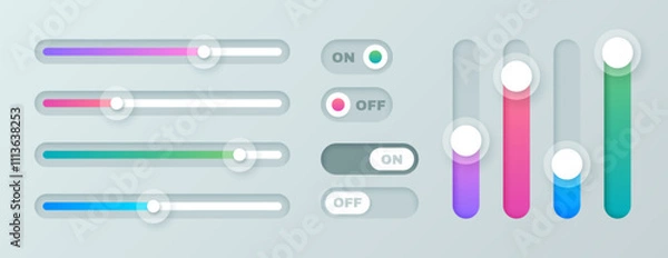 Fototapeta Vector set of scroll bar icons. Colored sliders, computer scrollbars. Web design elements for website, app user interface or internet page. Brightness controller, turn on and off toggle switch buttons