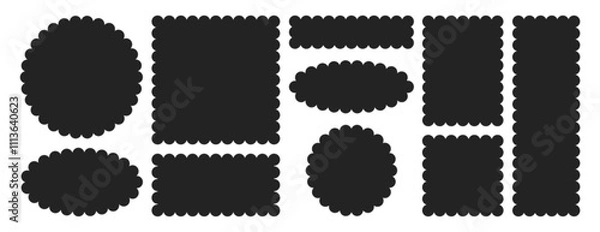 Fototapeta Vector set of black scalloped border in different shapes. Circle, square, oval and rectangle forms with frill lace edges. Scallop labels, flower frames or curved text box elements on white background