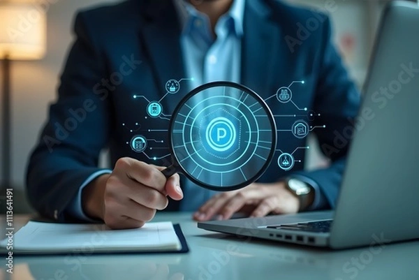 Fototapeta Business professional using a magnifying glass to examine a digital patent icon symbolizing intellectual property analysis