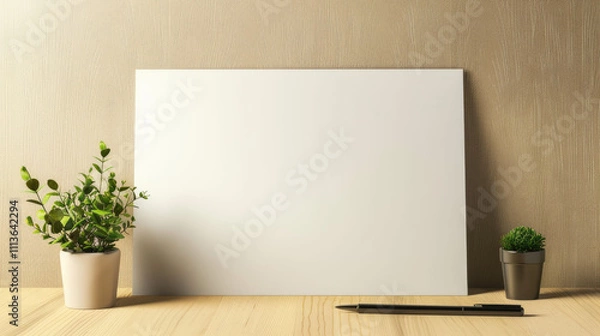 Fototapeta Blank horizontal sheet of A4 paper on a wooden table, next to a pen and a small potted plant