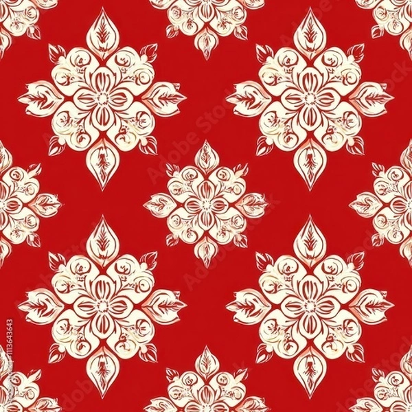 Fototapeta Seamless pattern of snowflakes on a red background