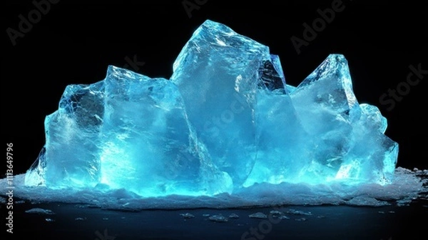 Fototapeta Isolated glowing blue ice shard break with snow particles on a solid black background