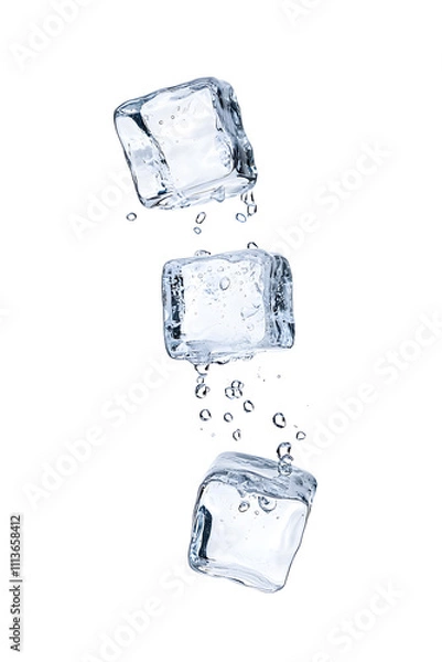 Fototapeta Splashing ice cubes floating  in mid-air, dynamic motion effect isolated on white background