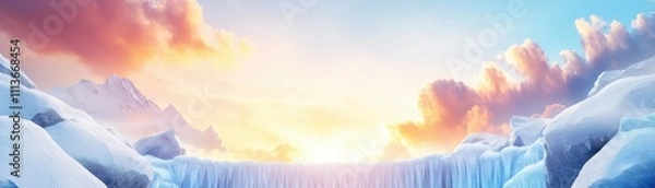 Fototapeta Wide winter banner. Vibrant sunrise over icy landscape with clouds and cascading waterfall.