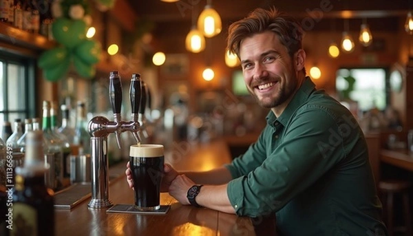 Fototapeta Smiling man enjoys stout at cozy pub, St. Patrick's Day cheer