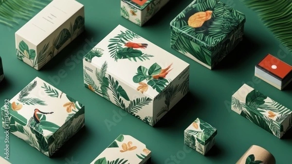 Fototapeta Tropical leaf and bird patterned boxes on green background.