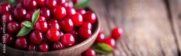 Fototapeta Fresh red cranberries in a wooden bowl with green leaves on rustic table. With copy space for text